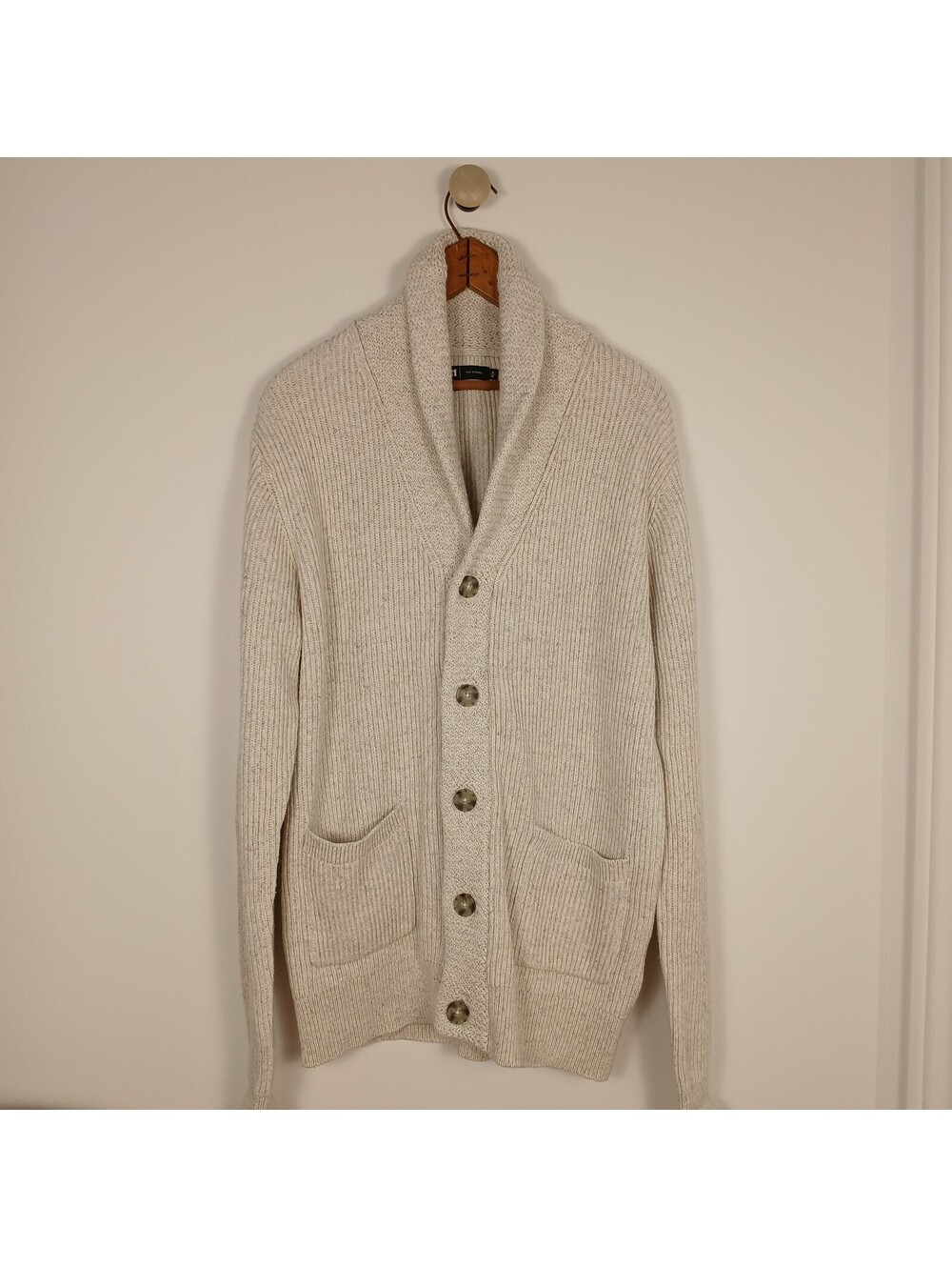 Simons Men's Knit Cardigan Sweater Medium Cream Button Down 100% Organic Cotton